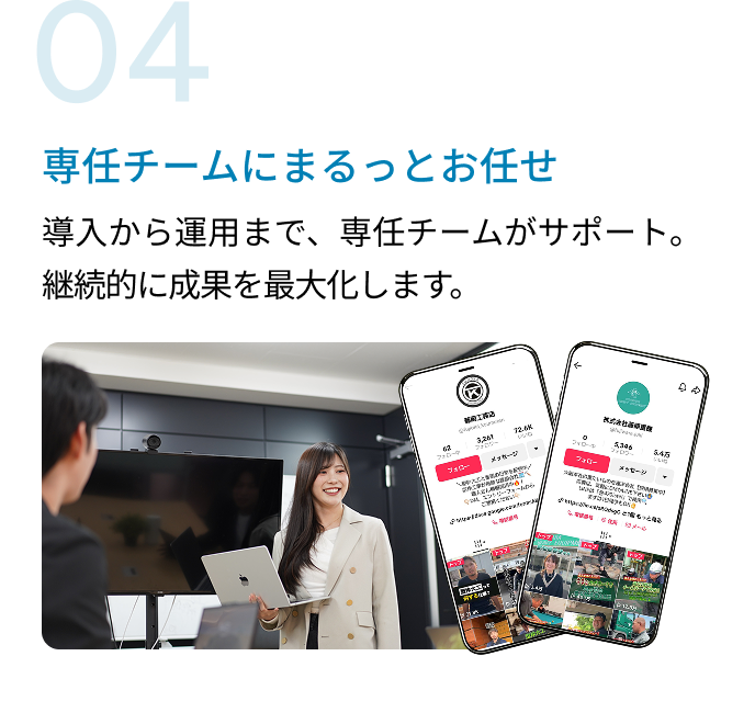 特徴04｜専任チームにまるっとお任せ。導入から運用まで、専任チームがサポート。継続的に成果を最大化します。